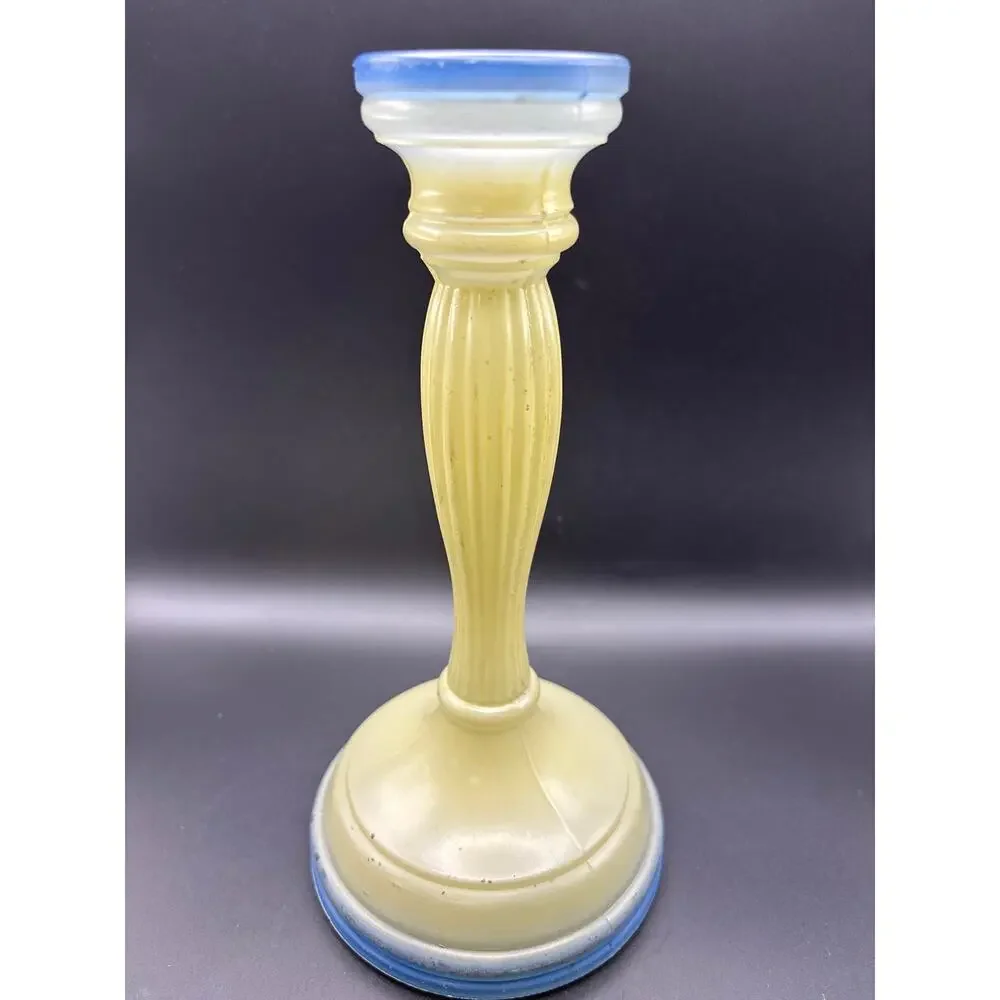 Vintage Indiana Glass Blue and Cream Candleholder Ribbed Depression Era Decor